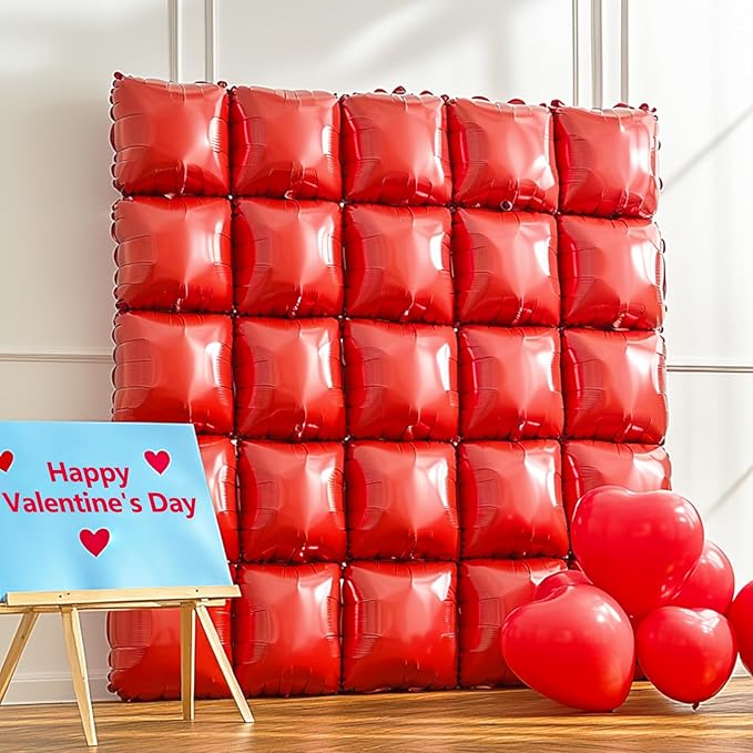 NISOCY 25PCS Red Square Foil Balloons Wall Backdrop Metallic Double Sided Red Christmas Balloon Tunnel Arch Kit for Christmas Birthday Baby Shower Valentine‘s Day Party Decoration
