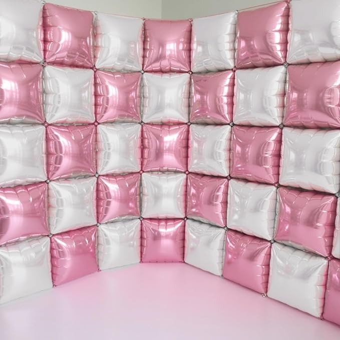 Pink White Square Foil Balloons, 25PCS Double Sided Pastel Pink and Pearl White Square Balloons Backdrop Wall Party Decorations for Girls Women Princess Fairy Birthdays Wedding Baby Shower Valentines