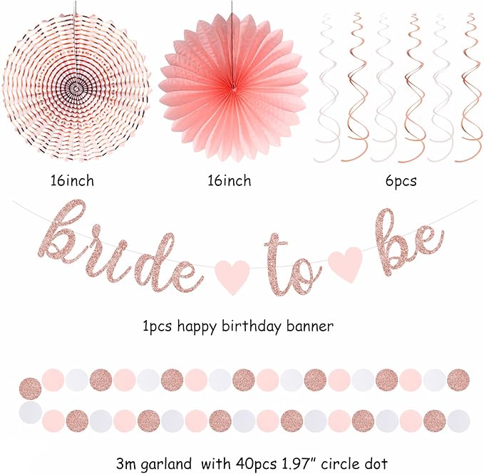 Light-Pink Rose-Gold Bachelorette Party-Decorations - 21pcs Baby Bridal Shower Banner Garland, Bride To Be Paper Streamers Lanterns,flower Tissue Pom Poms Fan Supplies,Wedding Backdrop Decor Huglony