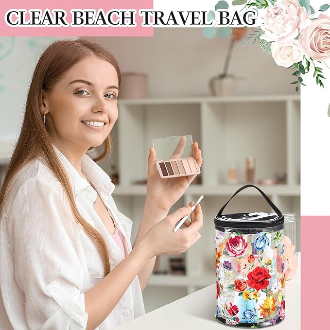 Sanwuta Beach Gifts Heavy Duty Clear Lotion Toiletry Bags for Travel Sunscreen Makeup Cosmetic Pouch Cylinder Bag Waterproof Portable Trip Bag with Handle Zipper(Flowers)