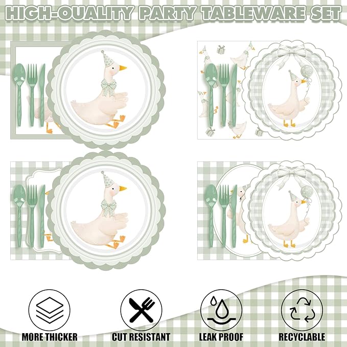 Zhehao 350 Pcs One Silly Goose Birthday Party Tableware Set Sage Green Scalloped Baby Shower Plates Cup Napkins Forks for Birthday Party Decorations Supplies for 50 Guests