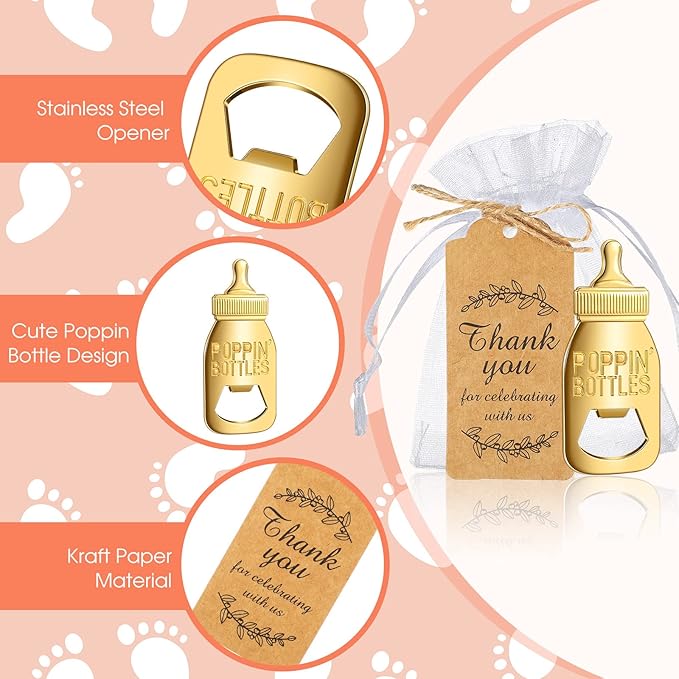 CHENGU Popping Bottle Openers Baby Shower Return Favors for Guests Bottle Opener Decorations and Souvenirs with Organza Bags Thank You Tags for Theme Party Favors (Retro Style,73 Pieces)