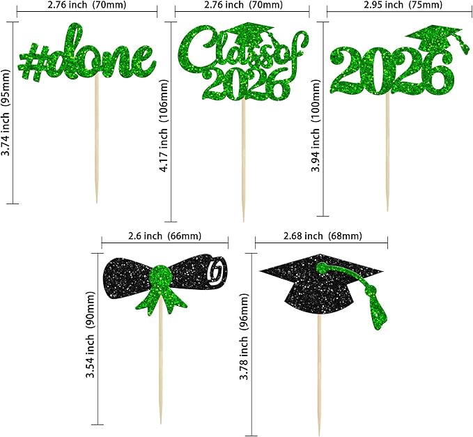 Gyufise 30Pcs 2026 Graduation Done Cupcake Toppers Green Glitter Class of 2026 Cupcake Picks Grad Cap Diploma Cake Decorations for 2026 Graduation Theme Party Cake Decorations Supplies