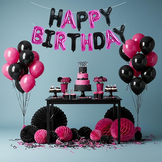TONIFUL Happy Birthday Balloons Banner 16 Inch Mylar Foil Letters Birthday Sign Reusable for Girls Boys Kids & Adults Birthday Party Decorations Supplies（Black Pink）