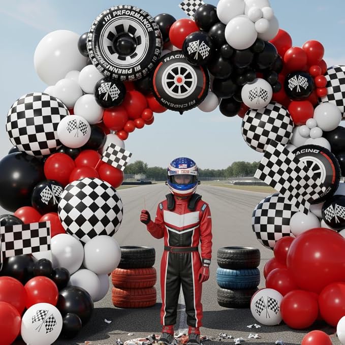 Race Car Balloon Arch Kit -153Pcs Different Size Balloons and Tire Flags Checkered Black Red White Balloon Garland Kit for Racing Car Two Fast 2nd Theme Birthday Anniversary Party Decorations