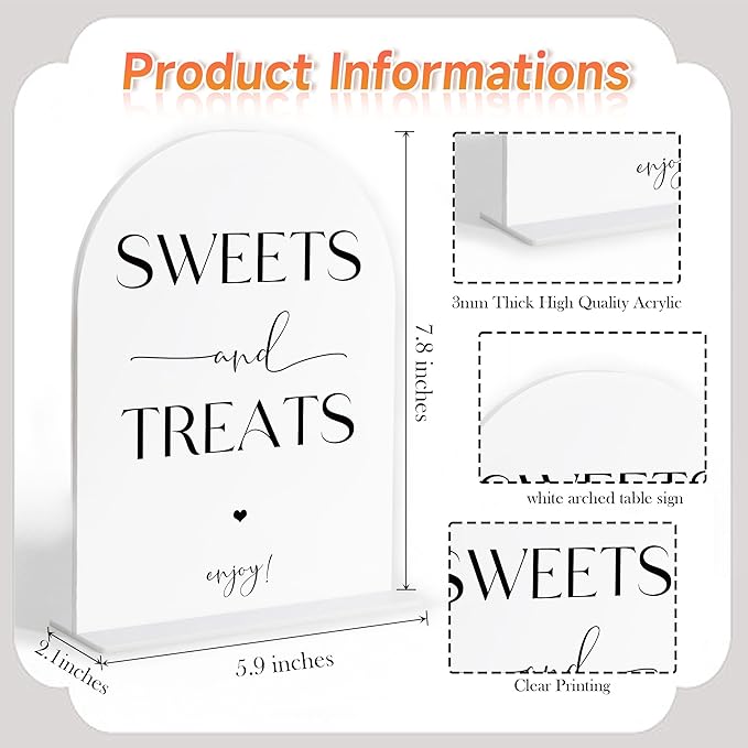 Sweets and Treats Sign, Candy Bar Supplies, White Arch Acrylic Wedding Sign, Wedding Signs for Ceremony and Reception, Bridal Shower Decorations, Centerpiece Table Decorations Party-13