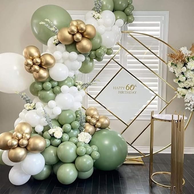 Sage Green White Gold Balloons Garland Arch Kit, 144Pcs 18/12/10/5Inch Sage Green White Metallic Gold and Confetti Latex Balloons for Birthday Baby Shower Engagement Wedding Party Decorations