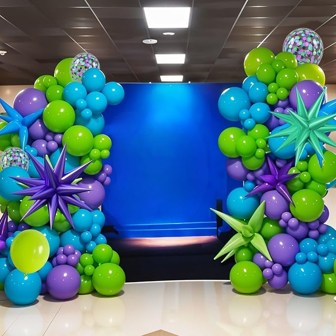 Green Purple Teal Balloon Arch Kit, Fruit Green Purple Teal Blue Confetti Birthday Balloons with Star Foil Balloons for Boy Girl Birthday Party Decorations Baby Shower Graduation Backdrop