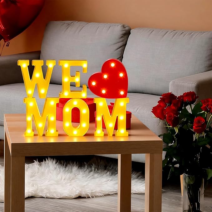 Honoson 6 Pcs Mothers Day Decorations We Love Mom Heart LED Lights up Sign Table Decoration for Mom Birthday Gifts Mothers Day Party Decoration