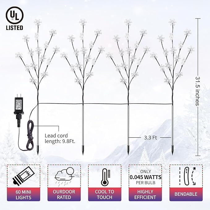 Brightown Snowflake Lights Outdoor Pathway, 4 Packs Lighted Branches Christmas Yard Decor, Small Christmas Tree with Lights, Twig Branch Light Outdoor Christmas Decorations Yard, White