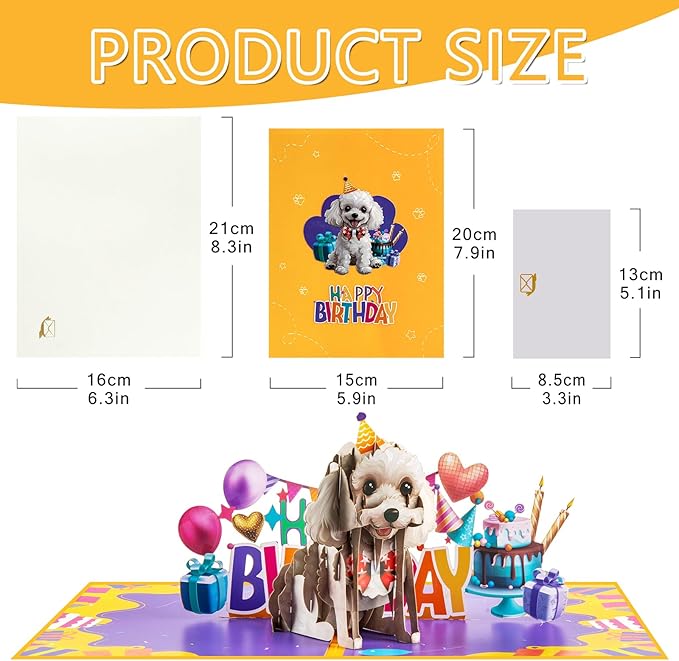 Poodle Dog Pop Up Happy Birthday Greeting Card, ideal love Gift for Adult and Kid with Blank Note & Envelope, Foldable Celebration for Daughter, Son, Mom, Dad, Friend, Children