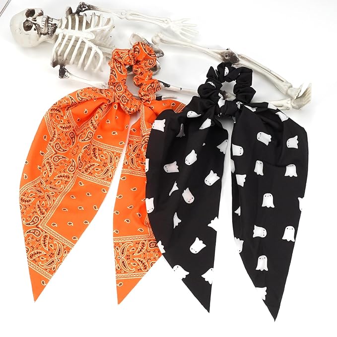 Halloween Hair Ties for Woman Girls Fall Orange Bandana Hair Scrunchies Spooky Ghost Elastic Ribbon Bow Hair Tie Autumn Halloween Party Supplies Hair Accessories 2PCS