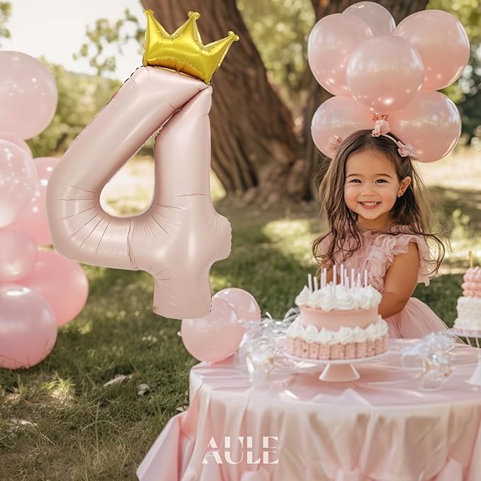AULE 40 Inch Big Pink 4 Balloon Number with Crown Large Foil Helium Number Balloons 0-9 Jumbo Giant Happy 4th Birthday Party Decorations Huge Mylar Anniversary Party Supplies