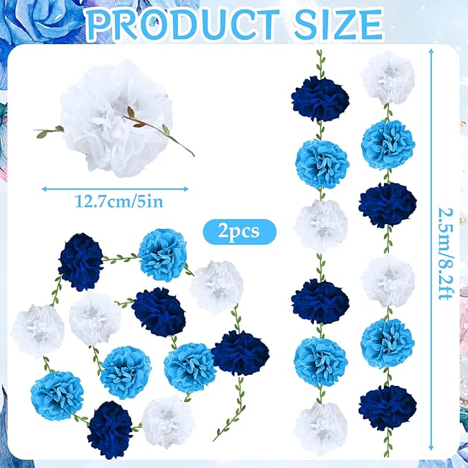 Blue Flower Garland for Backdrop - 2 Pcs Hanging Artificial Flower Garlands for Wedding Birthday Party Decor, 8.2 Ft Fake Paper Floral Vines for Room Wall Table Home Decoration