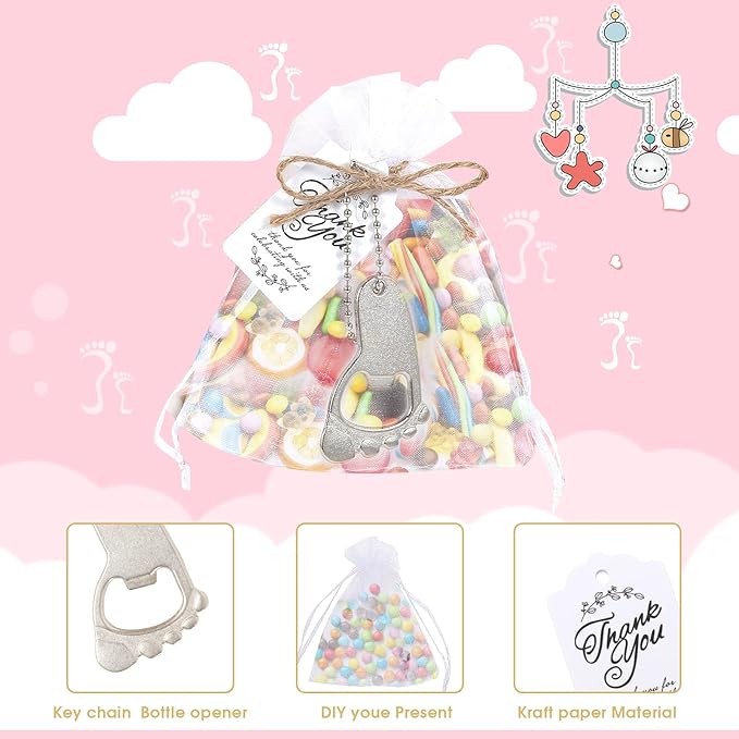 50 PCS Baby Footprint Keychains Bottle Opener, Baby Shower Party Favors Bottle Opener,Baby Shower Favors for Guests with Organza Bag (Silver)