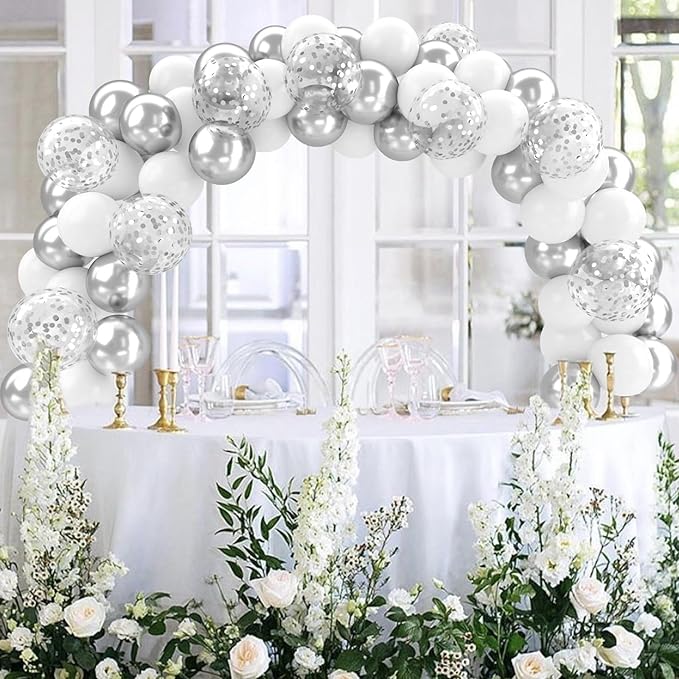 Patimate White and Silver Balloons Set, 50 pcs 12 inch Metallic Silver White Confetti Latex Balloons Kit for Birthday Wedding Anniversary Baby Shower Party Decorations