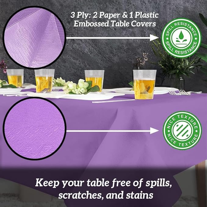 PARTY BARGAINS Disposable Table Covers, 54 x 108 Inch, Purple, 3-Ply Paper & Plastic Spill-Resistant Party Tablecloths, 5 Pack