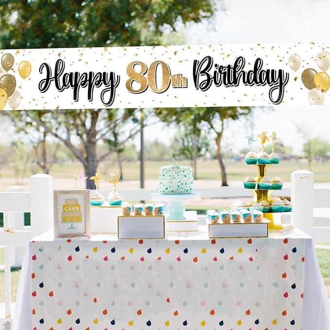 Happy 80th Birthday Decorations,80th Gold Balloon Large Birthday Hanging Banner Sign,Cheers to Eighty Years Old Bday Party Supplies.
