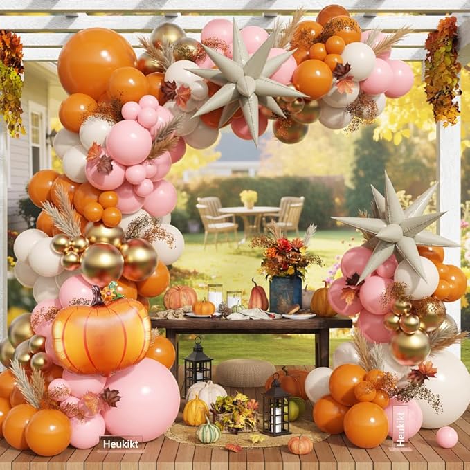 Pink Fall Balloons Garland Arch Kit - 149pcs Burnt Orange Nude Pink Gold Balloons with Pumpkin Foil Balloon for Thanksgiving Autumn Fall Birthday Party Decorations