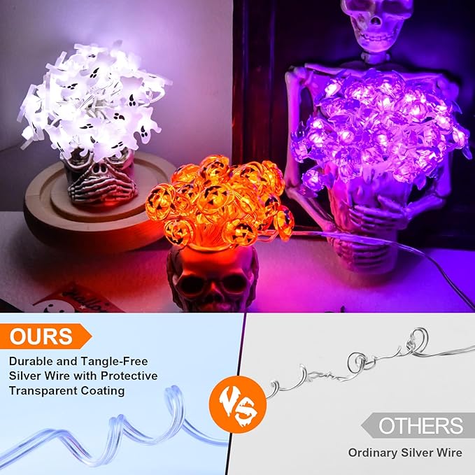 Halloween String Lights, Pumpkin Ghost Bats Mini Halloween Lights with Timer Indoor Battery Operated 9.8ft 30LED Trick or Treat Decorations for Home Decor Indoor Party Holiday