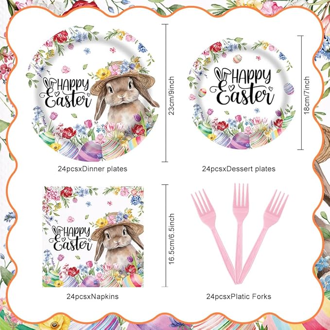 Spring Happy Easter Party Tableware Set 96 Pcs Disposable Plates Napkins Forks Cartoon Cute Rabbit Colored Egg Flower Kids Easter Party Decorations Serve 24 Guests