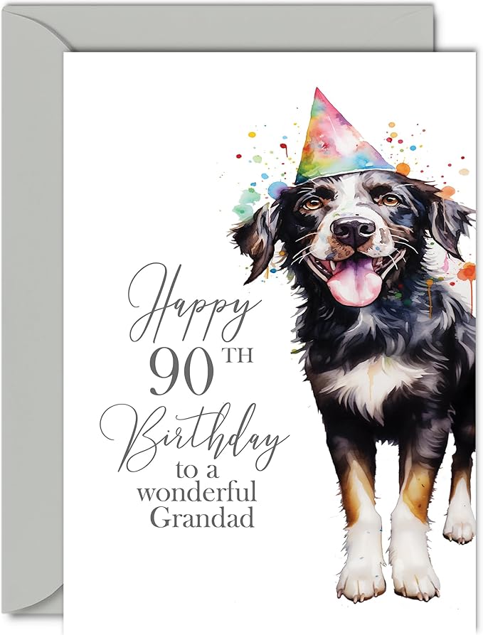 90th Birthday Cards for Grandad - Party Dog - Happy Birthday Card for 90 Year Old Grandad from Grandson Granddaughter, 5x7 Inch Bday Men Man Him Greeting Cards Gift for Grandad Birthday Gifts