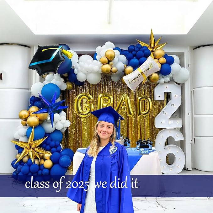120PCS Graduation Balloon Garland Arch Kit with Graduation Cap Certificate Letter Star Mylar Foil Balloons for Class of 2026 Grad Prom Decorations Supplies (Blue Gold White)