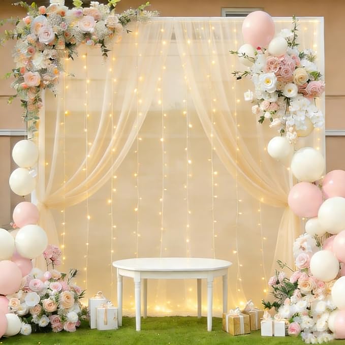 Champagne Tulle Backdrop Curtain with Lights, Elegant Sheer Photo Backdrop Drapes, Soft Fabric Curtain for Weddings Brithday Baby Shower Parties Photography Background Decor, 10ftx8ft