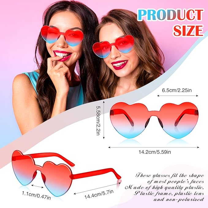 Photect 12 Pair Heart Shaped Sunglasses Neon Color Transparent Heart Glasses for Women Party Favor