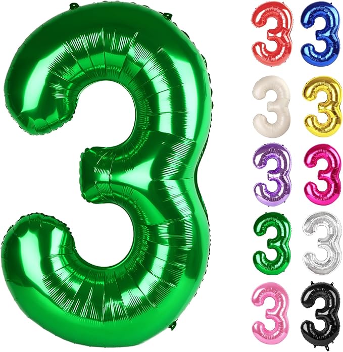 Green Number 3 Balloon 40 Inch, 3 Balloon Number, 3rd Birthday Decorations, Green Party Supplies for Boys Girls