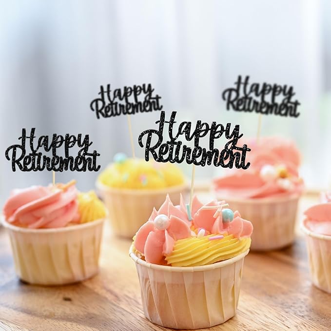 Gyufise Black Glitter Happy Retirement Cupcake Toppers Retired Cake Decorations for Retirement Party Cake Decorations 36 Pack
