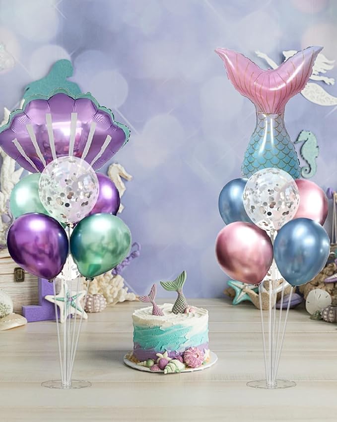Mermaid Table Decoration Balloon Holder Kit 4 Sets with 2 Shell Foil Balloons and 2 Mermaid Tail Foil Balloons 24 Latex Balloons for MermaidBalloon Centerpiece Stand Birthday Party Decorations