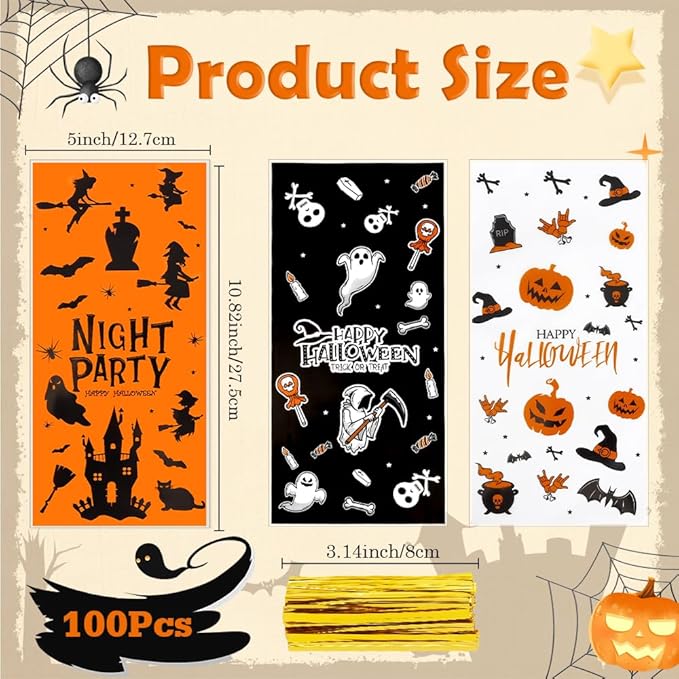 100 PCS Halloween Treat Bags(5x11 Inch) with Tie, Plastic Halloween Bags for Candy Goodie Goody Cookie Gift Wrap Night Party Favors Supplies Decorations Ghost Witch Castle Pumpkin Cellophane Pouch