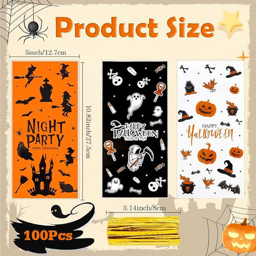 100 PCS Halloween Treat Bags(5x11 Inch) with Tie, Plastic Halloween Bags for Candy Goodie Goody Cookie Gift Wrap Night Party Favors Supplies Decorations Ghost Witch Castle Pumpkin Cellophane Pouch