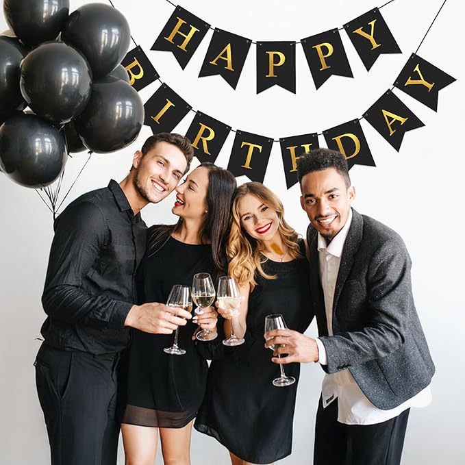 Black Happy Birthday Banner Birthday Party Banner NO DIY Happy Birthday Sign Metallic Gold Pre-Strung Birthday Hanging Decoration for Women Men Girl Boy Party Supplies (Black)