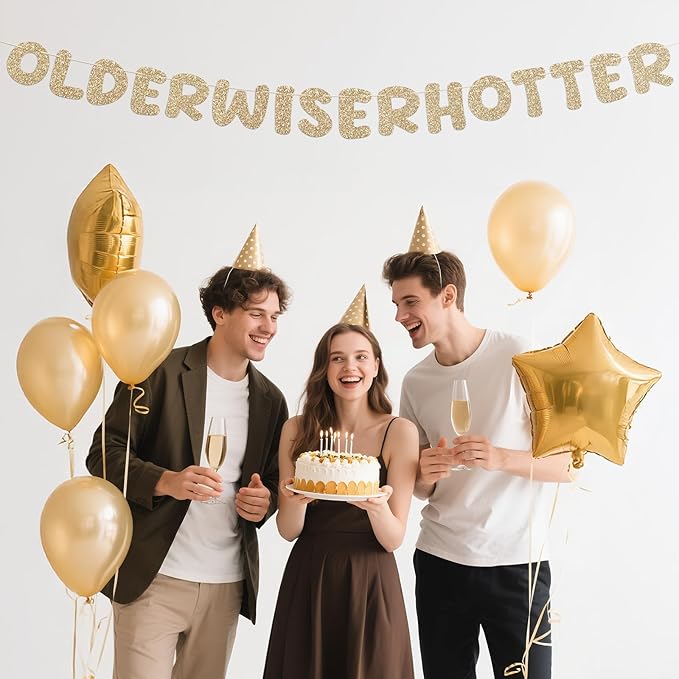 Pre-Strung Happy Birthday Banner Birthday Sign NO DIY Glitter Older Wiser Hotter Banner for Women Men 30th 40th 50th 60th 70th 80th Funny Gold Birthday Decorations (Champagne Gold)