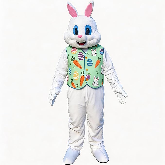 Easter Bunny Mascot Costume Blue Vest Unisex Deluxe Rabbit Costume Party Adult Size Fancy Dress