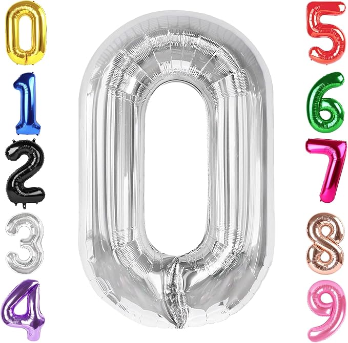 40 Inch Silver Number 0 Balloon, Giant Number 0 Balloons for 10th 20th 30th 40th Birthday Decorations, Party Supplies for Baby Boy Girl, Silver Party Decor