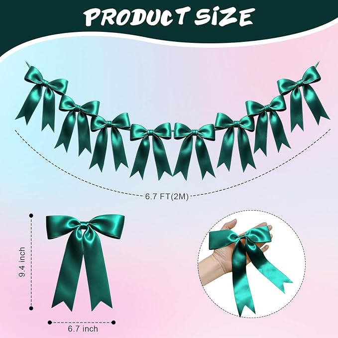 1 String of 8PCS Dark Green Bow Garland Banner Decoration,Pre-Strung Satin Ribbon Ornaments for Birthday,Bachelorette Party,Bridal Shower,Wedding,Engagement,Baby Shower,Graduation Decor,Anniversary