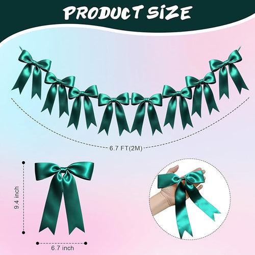 1 String of 8PCS Dark Green Bow Garland Banner Decoration,Pre-Strung Satin Ribbon Ornaments for Birthday,Bachelorette Party,Bridal Shower,Wedding,Engagement,Baby Shower,Graduation Decor,Anniversary