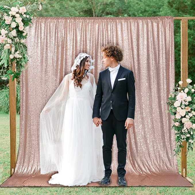 PartyDelight Rose Gold Sequin Backdrop 6x6ft - High Density 3mm Shimmer Sequin Background with 4-Inch Rod Pocket Sparkly Photography Curtain for Birthday, Wedding, Bridal Shower & Live Decor