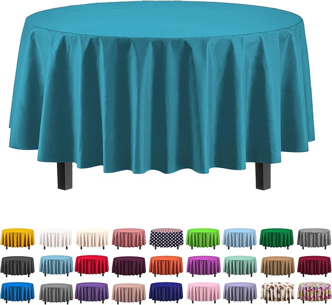 Exquisite Party Solids 6-Pack Premium Plastic Tablecloth 84in. Round Plastic Table Cover - Turquoise