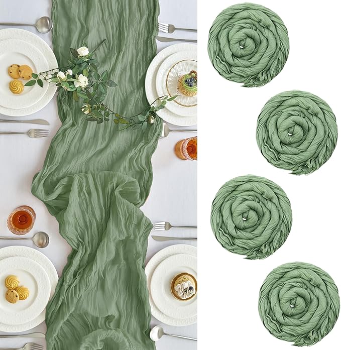 IVAPUPU 4 Pcs Cheesecloth Table Runner - 10ft Sage Green Easter Spring Boho Gauze Cheese Cloth Table Runners for Baby Shower Decoration Wedding Party Garden Farmhouse