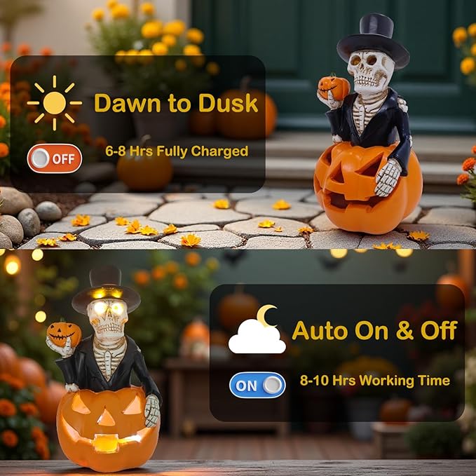 Solar Outdoor Decorations Wizard Skeleton with Pumpkin Figurine Lights, Fall Pumpkin Garden Decor for Yard Patio Porch, LED Skull Gothic Party Accessories, Home Gift for Mardi Gras Shrove Tuesday