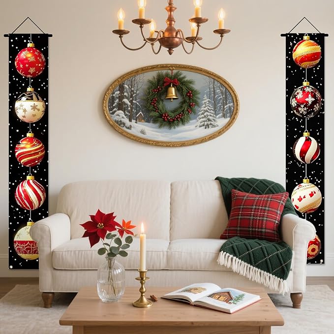 Nuxovilar Christmas Decorations Outdoor Yard Front Porch Sign Set, Black Background Christmas Ball Door Banners, Hanging Decor for Home Wall Yard