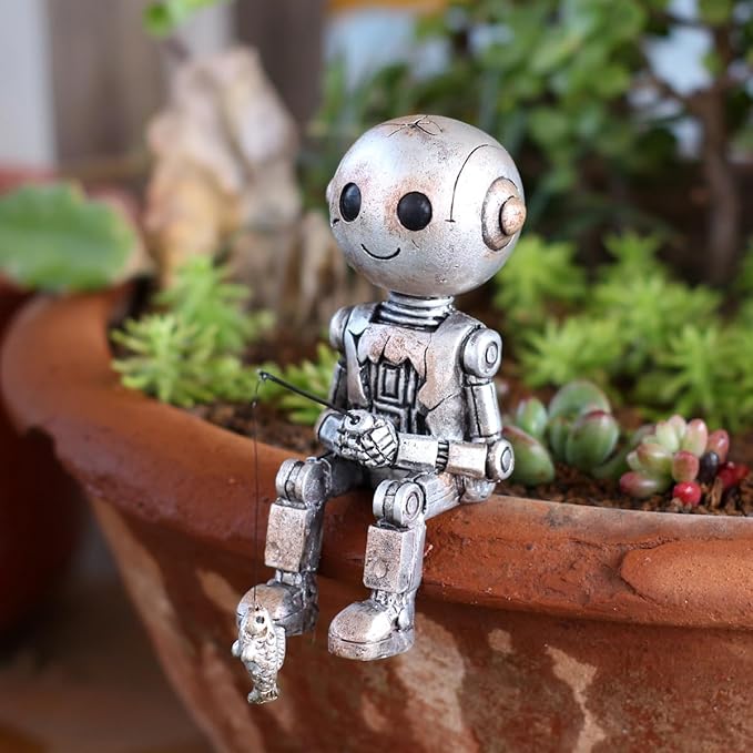 Fishing Robot Statue Funny Halloween Decorations, 4.33 Inch Cute Sitting Figurine Shelf Sitter Resin Sculpture for Outdoor Garden Yard Lawn Pond Waterfalls Pool Ornaments