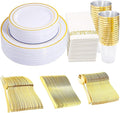 350 Pieces White and Gold Plastic Plates - 50 Guest Dinnerware Set Include 100 Plates, 50 Gold Plastic Silverware, 50 Paper Napkins and 50 Cups for Wedding Baby Shower Spring Birthday