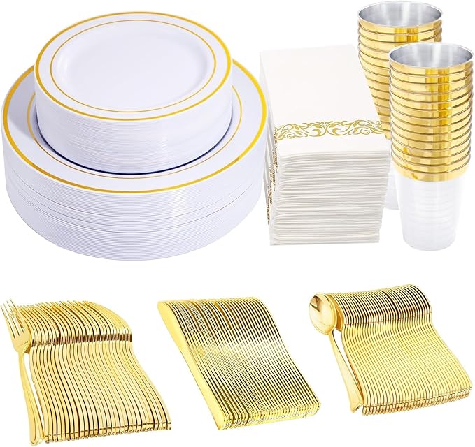 350 Pieces White and Gold Plastic Plates - 50 Guest Dinnerware Set Include 100 Plates, 50 Gold Plastic Silverware, 50 Paper Napkins and 50 Cups for Wedding Baby Shower Spring Birthday