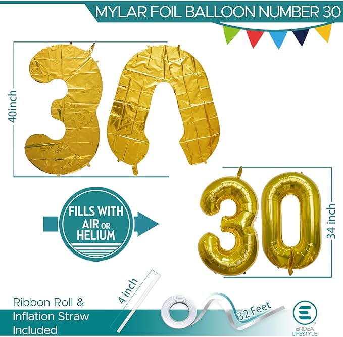 40 Inch Large Gold Number Celebration and Decoration Balloon for Birthday Parties, Graduations, Anniversaries, Weddings, Photo Shoots, Special Events - Helium Foil Mylar (Gold Number 30)