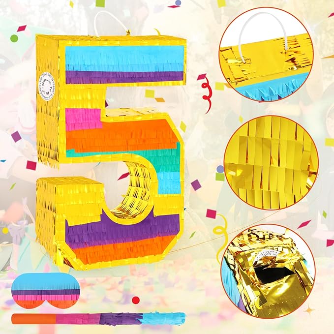 Rainbow Number 5 Pinata for 5th Birthday Party Decorations Fiesta Centerpieces Kids Anniversary Celebrations Birthday Party Supplies (16.1 x 10.6 x 3 Inches)